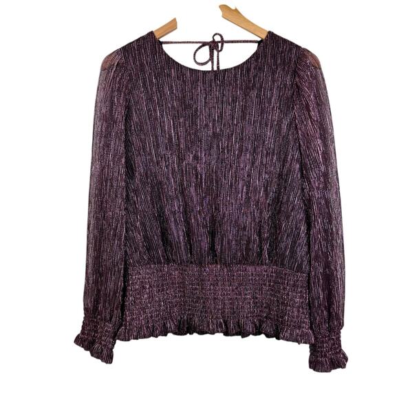 Joie Black & Pink Metallic Textured Ribbed Smocked Waist Long Sleeve Blouse - Picture 8 of 11